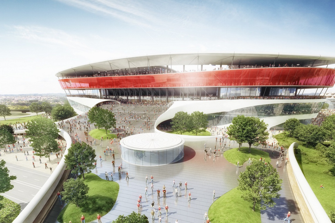 fot. Ghelamco, Eurostadium w Belgii - nowy projekt stadionu miejskiego przygotowany przez Ghelamco we współpracy z Jaspers Eyers & Partners, pracownią Gerkan, Marg und Partner, pracownią Aedas, a także Wirtz International Landscape Architects oraz polskim studio Massive Design. Innowacyjny Eurostadium zaprojektowali Ghelamco, Massive Design, Aedas i inni