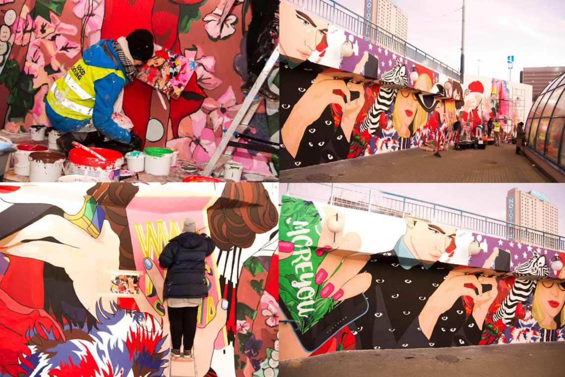 Komiksowy mural z Warszawą w tle