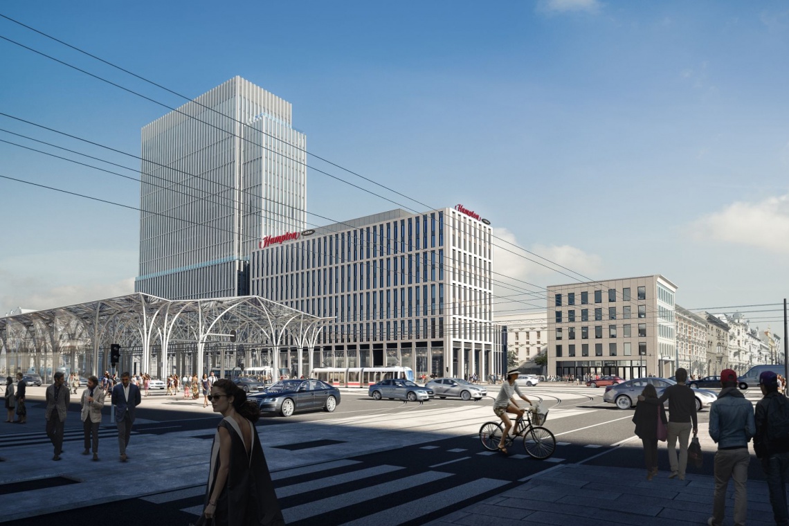 Piotrkowska 155 widok od skrzyżowania ul. Piotrkowskiej i Mickiewicza fot. materiały inwestora Najwyższy biurowiec w Łodzi już rośnie. To projekt PRC Architekci