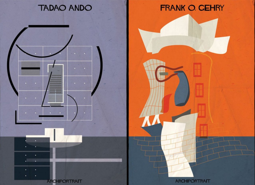 Tadao Ando / Frank O. Gehry, rys. Federico Babina Nietypowe portrety światowych architektów - rozpoznajecie ich?