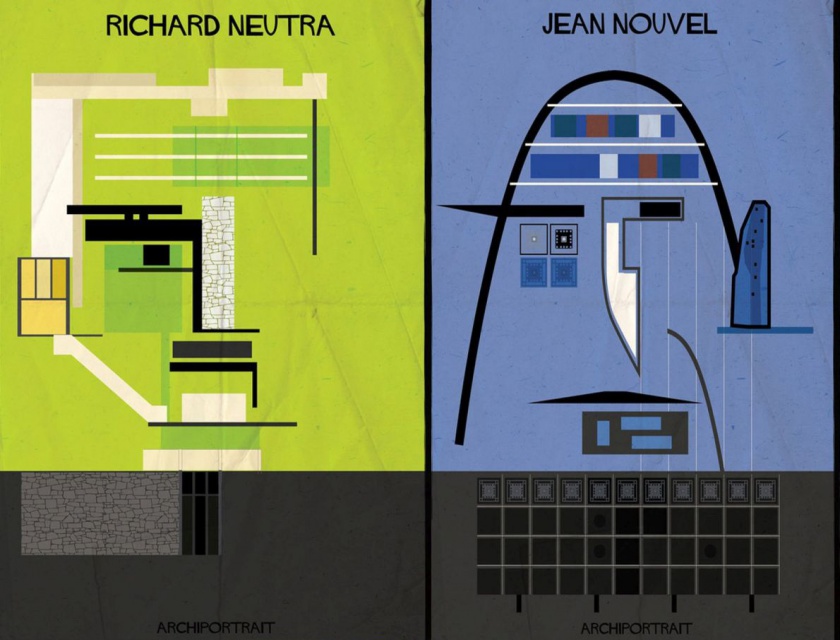 Richard Neutra / Jean Nouvel, rys. Federico Babina Nietypowe portrety światowych architektów - rozpoznajecie ich?