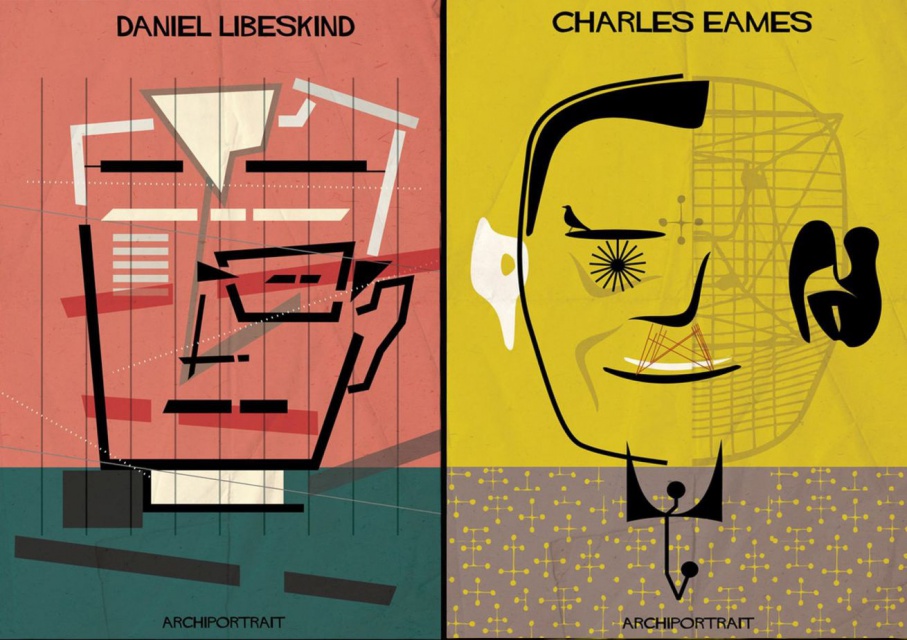 Daniel Libeskind / Charles Eames, rys. Federico Babina Nietypowe portrety światowych architektów - rozpoznajecie ich?