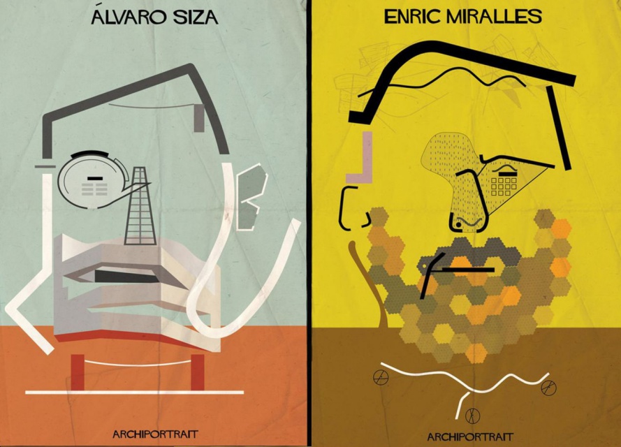 Alvaro Siza / Enric Miralles, rys. Federico Babina Nietypowe portrety światowych architektów - rozpoznajecie ich?