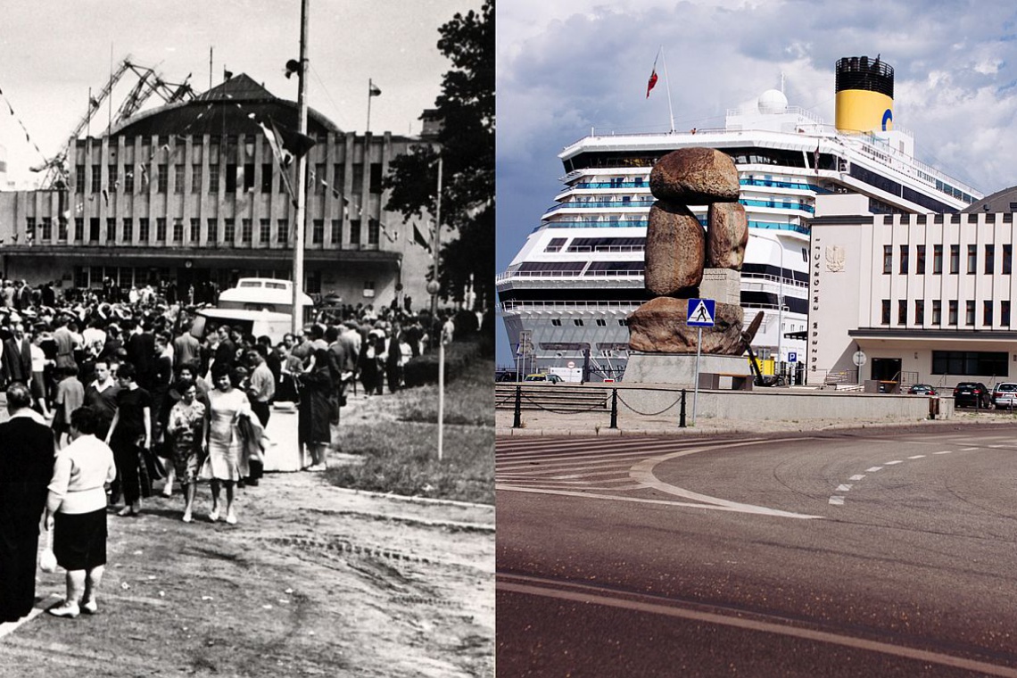 Dworzec Morski 1966-1969 (fot. Janusz Uklejewski, Muzeum Miasta Gdyni) vs Dworzec Morski dziś od strony pomnika Ludziom Morza na skwerze Gombrowicza (fot. Muzeum Emigracji w Gdyni, Dominik Werner) Zobacz jak się zmieniła ikona gdyńskiego modernizmu