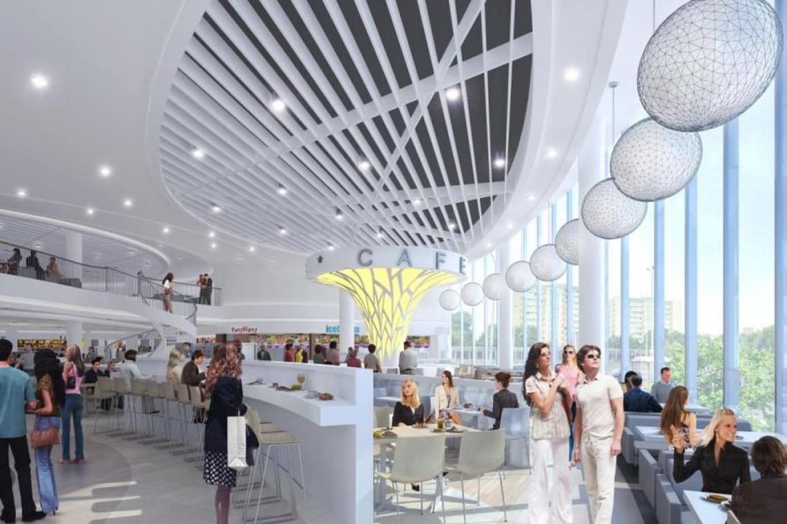 Tak będzie wyglądać nowa strefa restauracyjna w Wola Park po przebudowie Nowoczesne wnętrza, dużo światła, ażurowa konstrukcja dachu - to nowy Wola Park