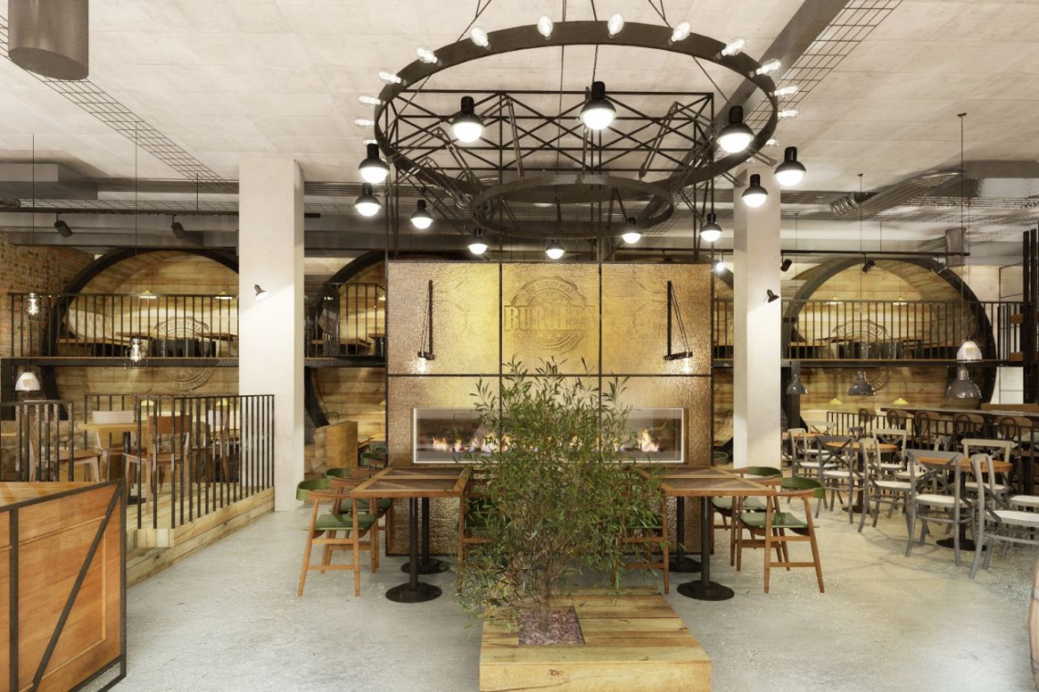 Wizualizacja restauracji w Bocheńskiej Galerii Solnej według projektu Grycaj Design Restauracja w stylu industrialnym od Grycaj Design