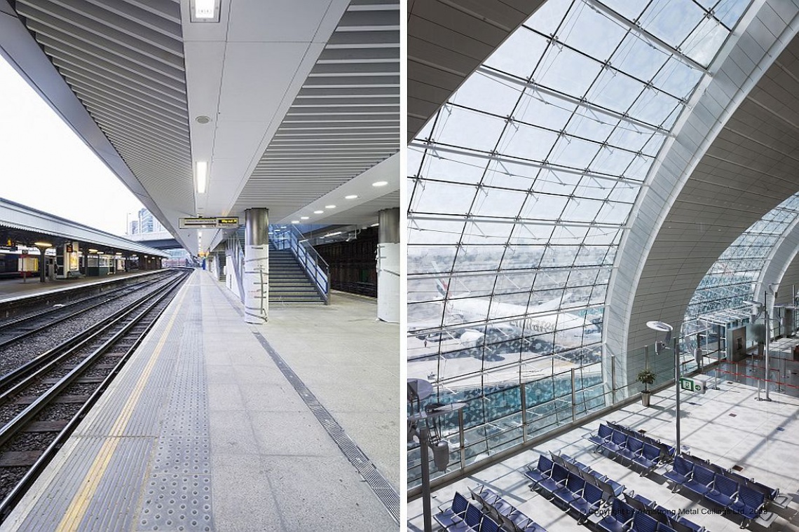 po lewej: stacja kolejowa Londyn, po prawej: terminal lotniczy Dubaj, fot. Armstrong Kłopotliwa akustyka dworców i terminali lotniczych