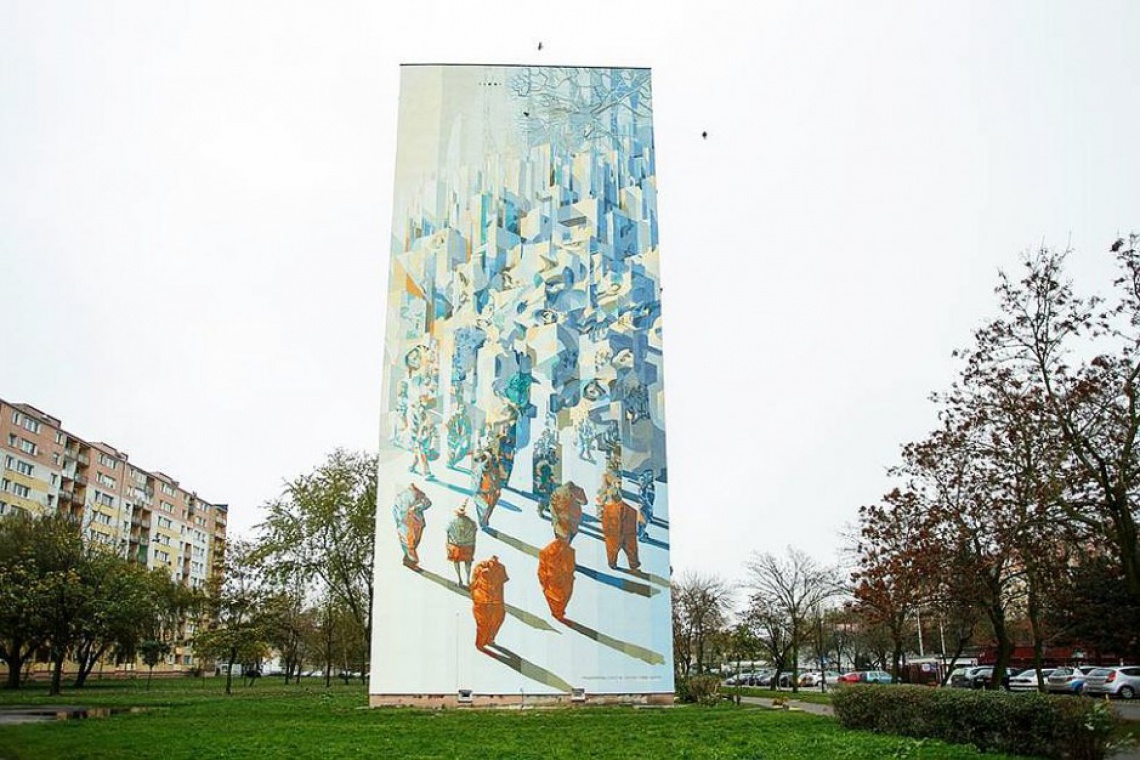 Na zdjęciu mural lustrzany w Łodzi, największy w Europie, fot. UM Łódź Festiwal murali w Łodzi - Wieża Babel rozpoczyna serię