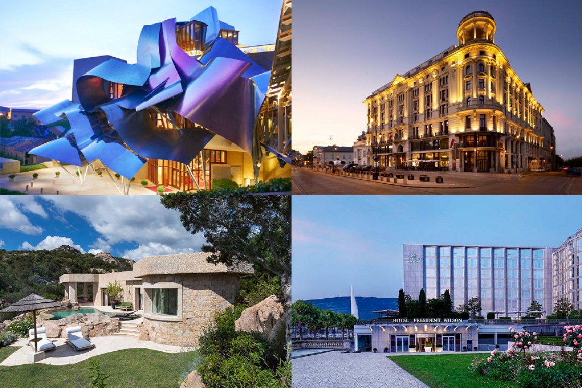 Od lewej górnej strony: Hotel Marqués de Riscal, Hotel Bristol, Hotel Pitrizza oraz Hotel President Wilson. Luxury Collection od Starwood na zdjęciach