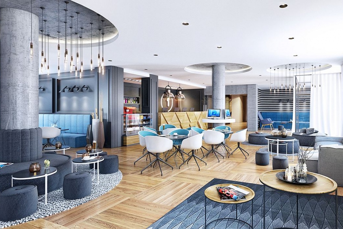 Nowa Motława, recepcja aparthotelu Aparthotel Number One z mariną jachtową i większym nabrzeżem