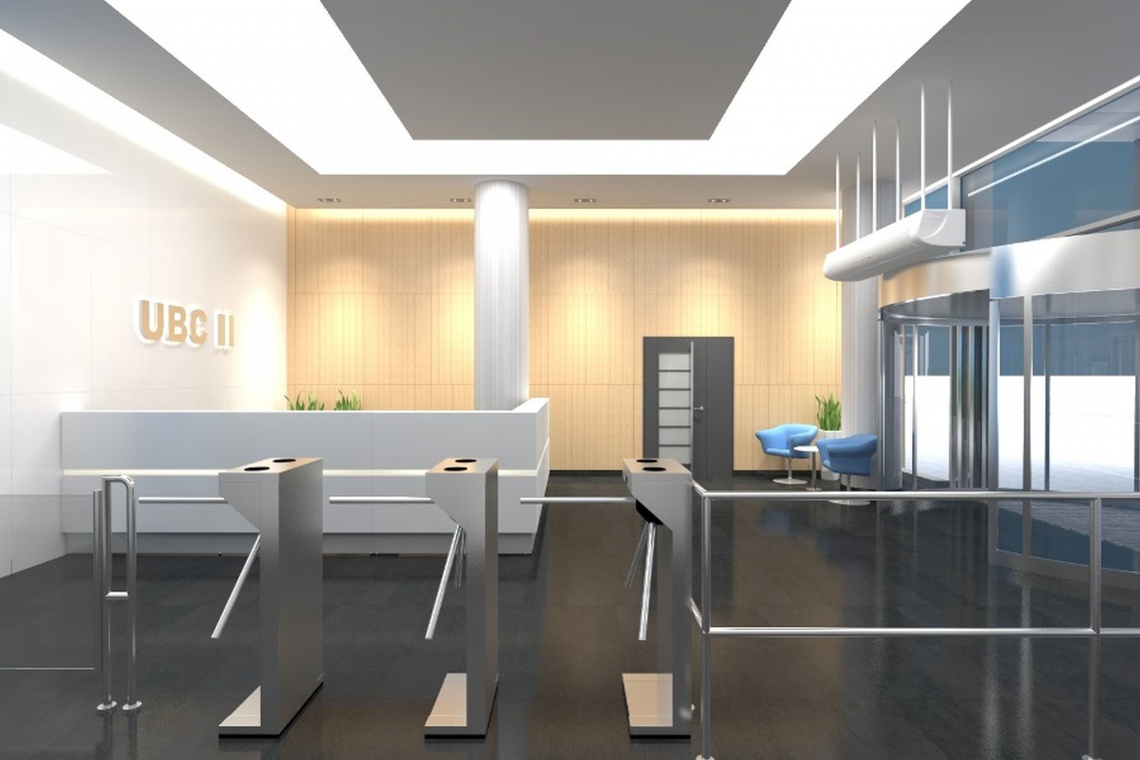 Wizualizacja strefy wejściowej UBC II Metamorfoza lobby University Business Center II