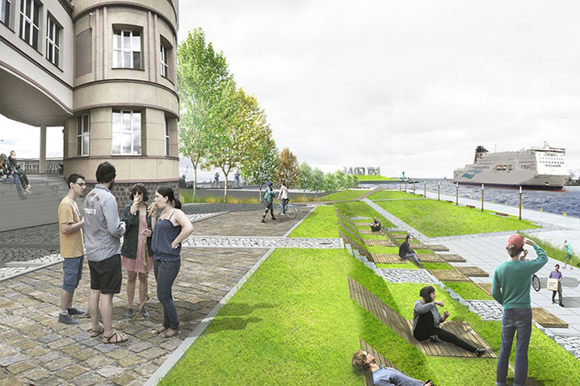 Najlepszą pracą okazał się projekt zaproponowany przez młodych gdańskich architektów reprezentujących trzy pracownie: Restudio, Studio R oraz Midi, które wspólnie opracowały jeden projekt estetyzacji portu. W skład zwycięskiego zespołu wchodzili: Roland Kwaśny, Maciej Jacaszek, Rafał Jacaszek, Piotr Karaś, Artur Dubis oraz Maja Smulska, fot. UM Gdańsk Bulwar i wieża widokowa na planie Portu Gdańskiego