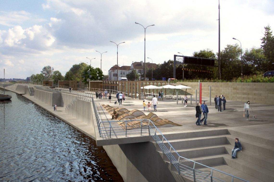 Wizualizacja drugiego odcinka pierwszego etapu lewobrzeżnych bulwarów, fot. Zarząd Mienia m.st. Warszawy Plaża, Plac Uniwersytecki i pawilony. Bulwary Wiślane mają już wykonawcę