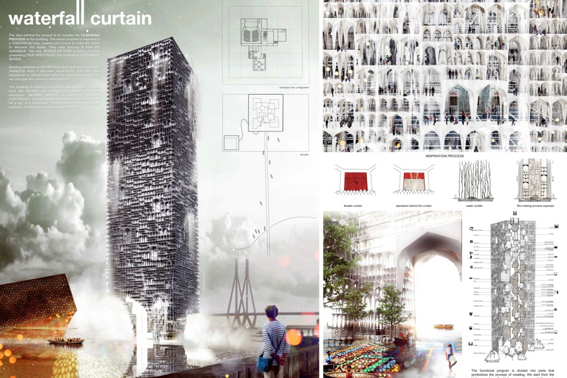Jagoda Nowakowska, Magdalena Skop, Monika Woźniak, zwycięski projekt konkursu "Film City Tower | Mumbai: Bollywood Re-Imagined", fot. materiały promocyjne organizatora Studentki architektury z Poznania projektują dla Bollywood