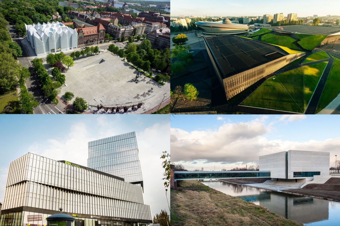 kolaż: Centrum Dialogu Przełomy, KWK Promes, Szczecin; Międzynarodowe Centrum Konferencyjne w Katowicach; Silver Tower Center, Wrocław; ICHOT, Poznań Najlepsze projekty z Polski według magazynu Wallpaper