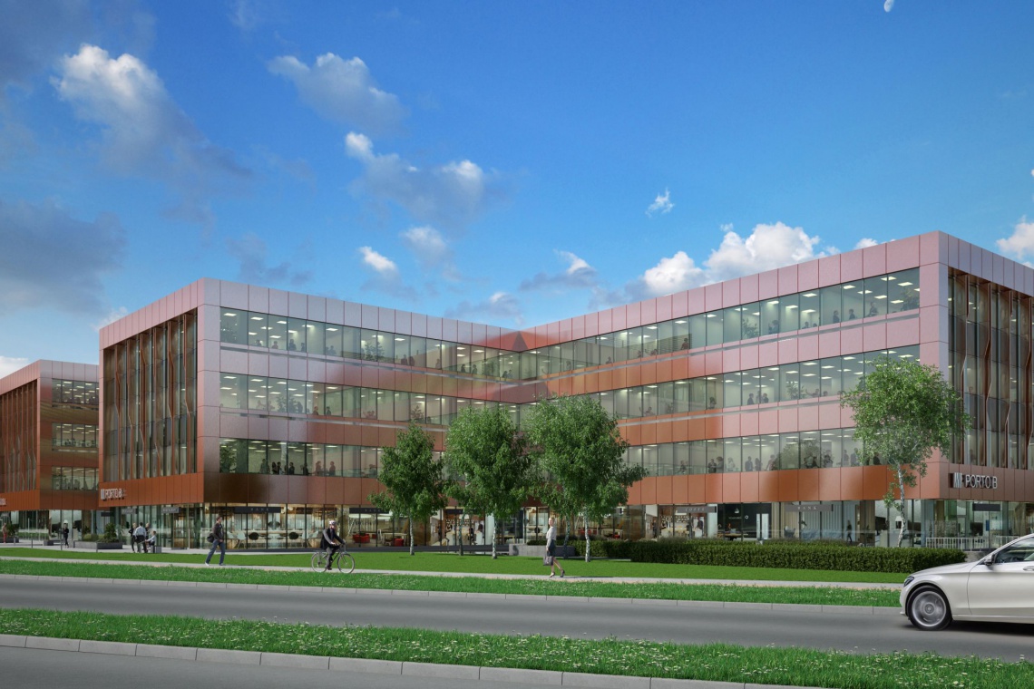 Porto Office B, fot. materiały inwestora Na Dębnikach rośnie biurowiec, wkrótce powstanie miejski park
