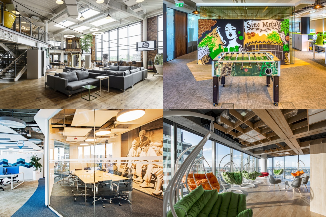 Na zdjęciu górny lewy róg: The Brain Embassy - to nie jest zwykły coworking. Pierwszy taki koncept w Polsce; Górny prawy róg: Nowa odsłona biura Wyborowa Pernod Ricard fot. Tetris; na zdjęciu dolny lewy róg: Biuro Aviva; na zdjęciu dolny prawy róg: Biuro firmy Delloite TOP 10: Najbardziej designerskie biura 2016 roku