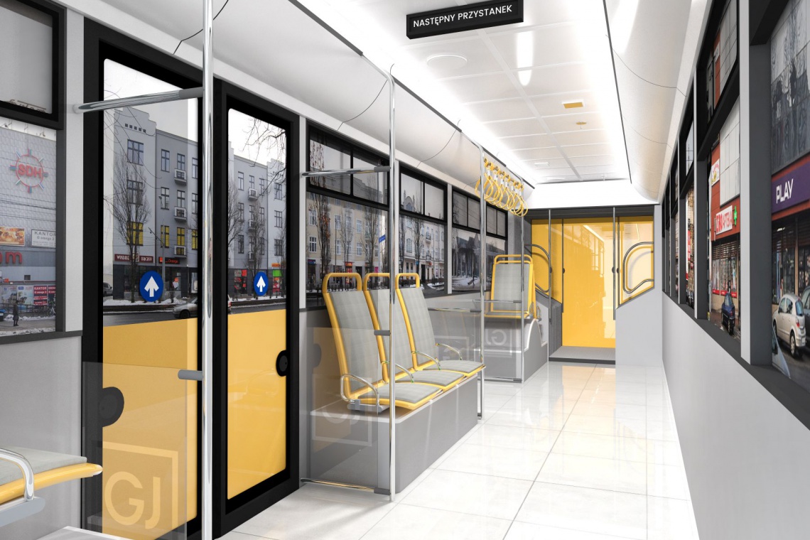 Wstępna koncepcja modernizacji korytarzy w Galerii Jurajskiej, projekt Verso Korytarze jak wnętrze tramwaju. Galeria Jurajska stawia na oryginalność