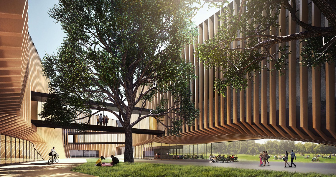 Wizualizacja dziedzińca fot. mat. architektów Bryła niczym brama zapraszająca studentów i melomanów do środka