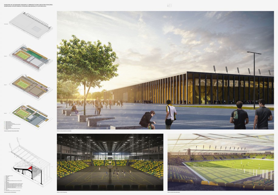 Skład zwycięskiego zespołu pracowni RS Architekci weszli: Damian Radwański, Marius Schlesiona, Joanna Sowa, Maria Szymkiewicz, Jakub Kapral, Karolina Rusek, Piotr Szenkowski i Marcin Woźnica. Za I miejsce w konkursie przyznano 50 tys. zł i zaproszono do udziału w postępowaniu o udzielenie zamówienia publicznego w trybie z wolnej ręki. fot. mat. SARP Katowice Tak może wyglądać nowy stadion GKS-u Katowice. To projekt RS Architekci