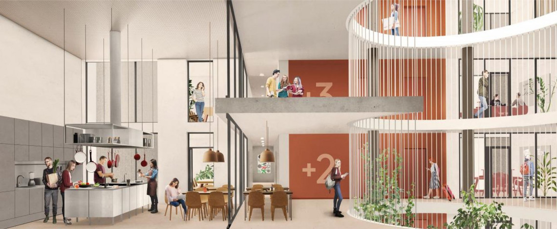 Pierwsze miejsce zajęła pracownia Projekt Praga, która zaproponowała bryłę na planie równoramiennego krzyża wpisującą się w istniejący kompleks terenów zielonych. fot. mat. UW Projekt Praga z pierwszym miejscem w konkursie na akademik dla UW. Za nimi JEMS Architekci i Analog Piotr Śmierzewski