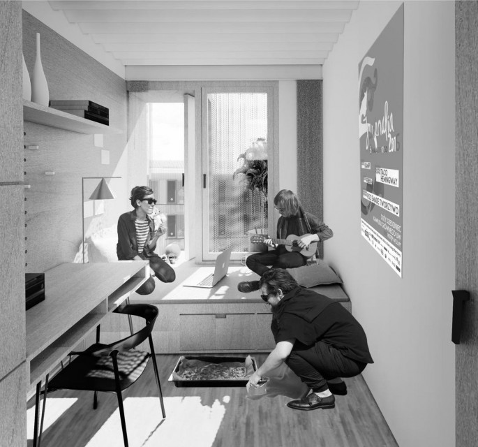 Drugie miejsce należało do pracowni JEMS Architekci, która przygotowała projekt mieszkań o nieformalnym charakterze fot. mat. UW Projekt Praga z pierwszym miejscem w konkursie na akademik dla UW. Za nimi JEMS Architekci i Analog Piotr Śmierzewski