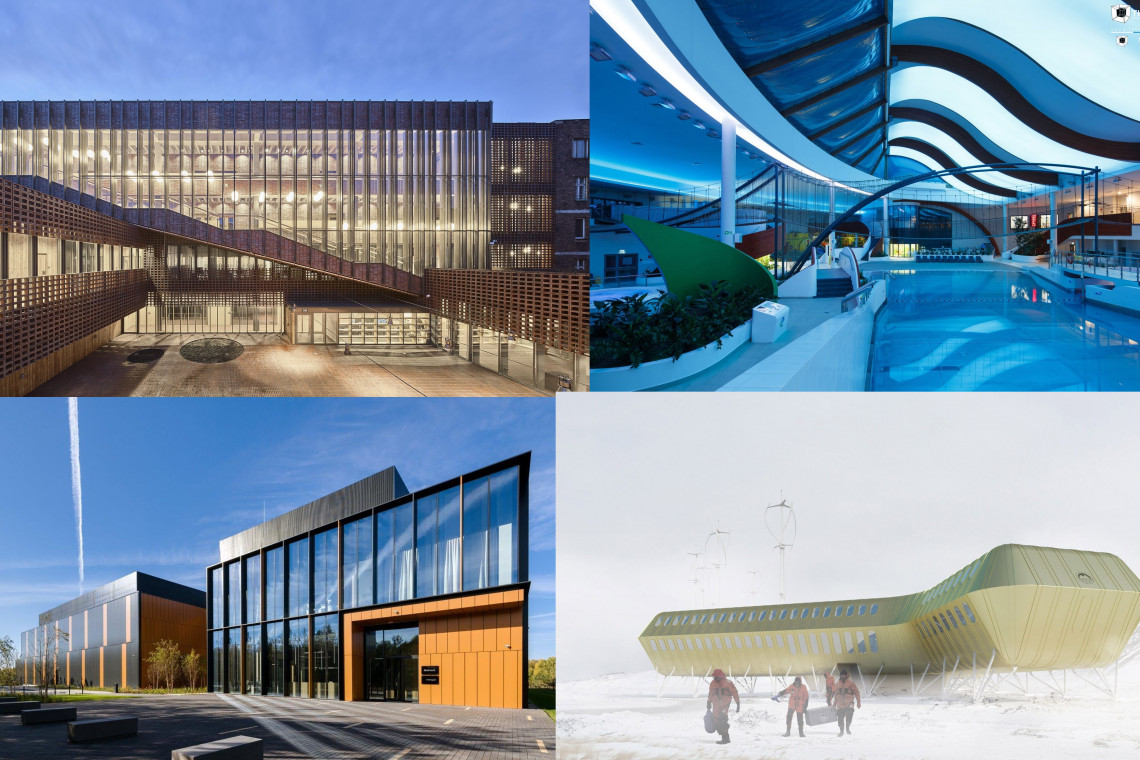 Na zdjęciu: Wydział Radia i Telewizji Uniwersytetu Śląskiego w Katowicach, projekt pracowni: BAAS, Grupa 5 Architekci i Małeccy Biuro Projektowe (kategoria: Uczelnie wyższe i placówki badawcze) fot. Jakub Certowicz; Wodny Park Tychy, projekt Grupa Projektowa TKHolding (kategoria: Produkcja Energii i Recykling) fot. mat. arch.; Kompleks magazynowo-biurowy firmy Bialmed w Piszu, projekt 3XA (kategoria: Produkcja Energii i Recykling) Fot. Stanisław Zajączkowski; Koncepcja Stacji Antarktycznej im. Henryka Arctowskiego na wyspie Króla Jerzego w archipelagu Szetlandów Południowych, projekt pracowni Kuryłowicz & Associates (kategoria: Infrastruktura) Wybrano sześć projektów z Polski, które powalczą o główną nagrodę w międzynarodowym konkursie architektonicznym