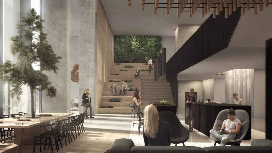 Lobby inwestycji Skanska projektu pracowni Henning Larsen, fot. mat. pras. Kiedyś pod krawatem, dziś w trampkach. Lobby w nowej roli