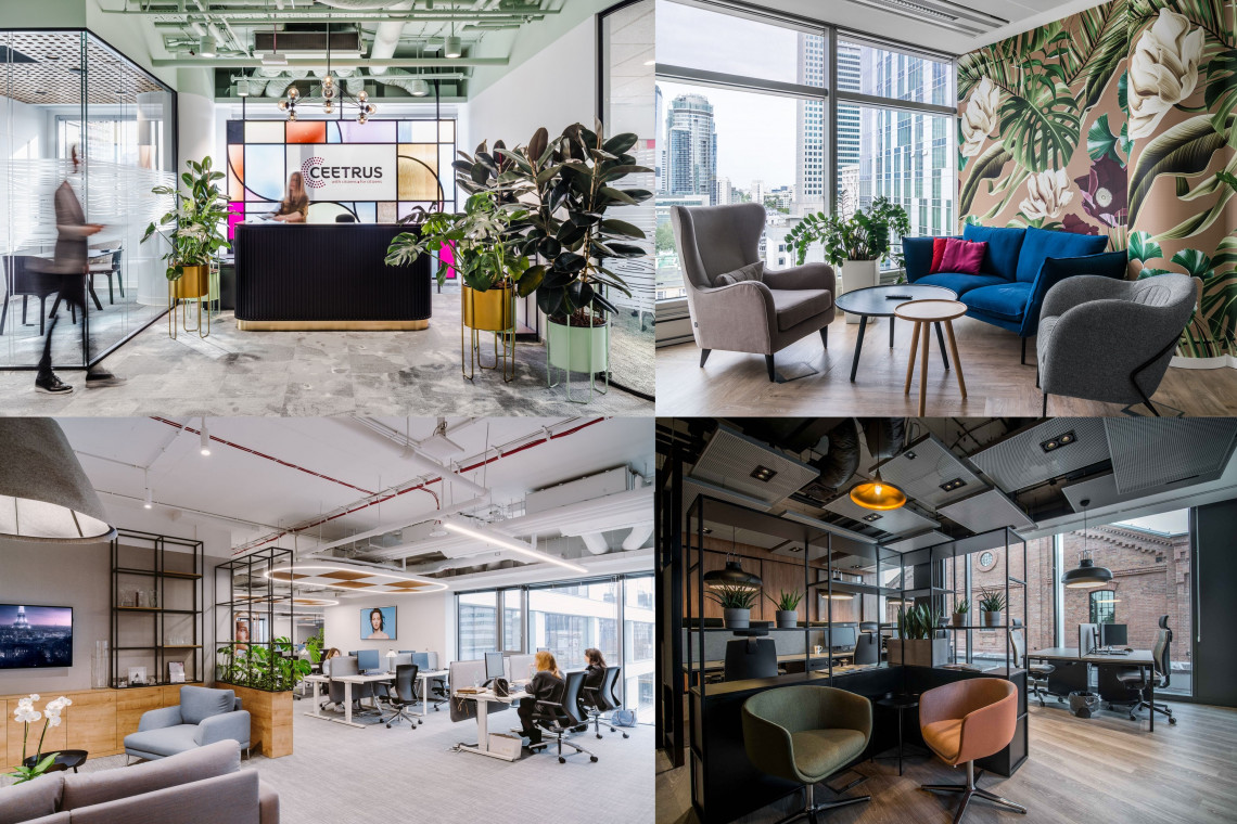 Na górze: Biuro Ceetrus w Warszawie, projekt wnętrza: Workplace Solutions fot. Adam Grzesik; Biuro Orbis i Accor w Warszawie, projekt wnętrza: The Design Group fot. mat. The Design Group; na dole: Biuro L'Oréal HUB Polska i Kraje Bałtyckie w Warszawie, projekt wnętrza: Trzop Architekci, fot. Przemysław Nieciecki z PION Studio; Biuro Stalgast w Warszawie, projekt wnętrza: Madama fot. mat. Forbis Oto biurowe trendy 2019 roku na przykładzie 10 najciekawszych biur