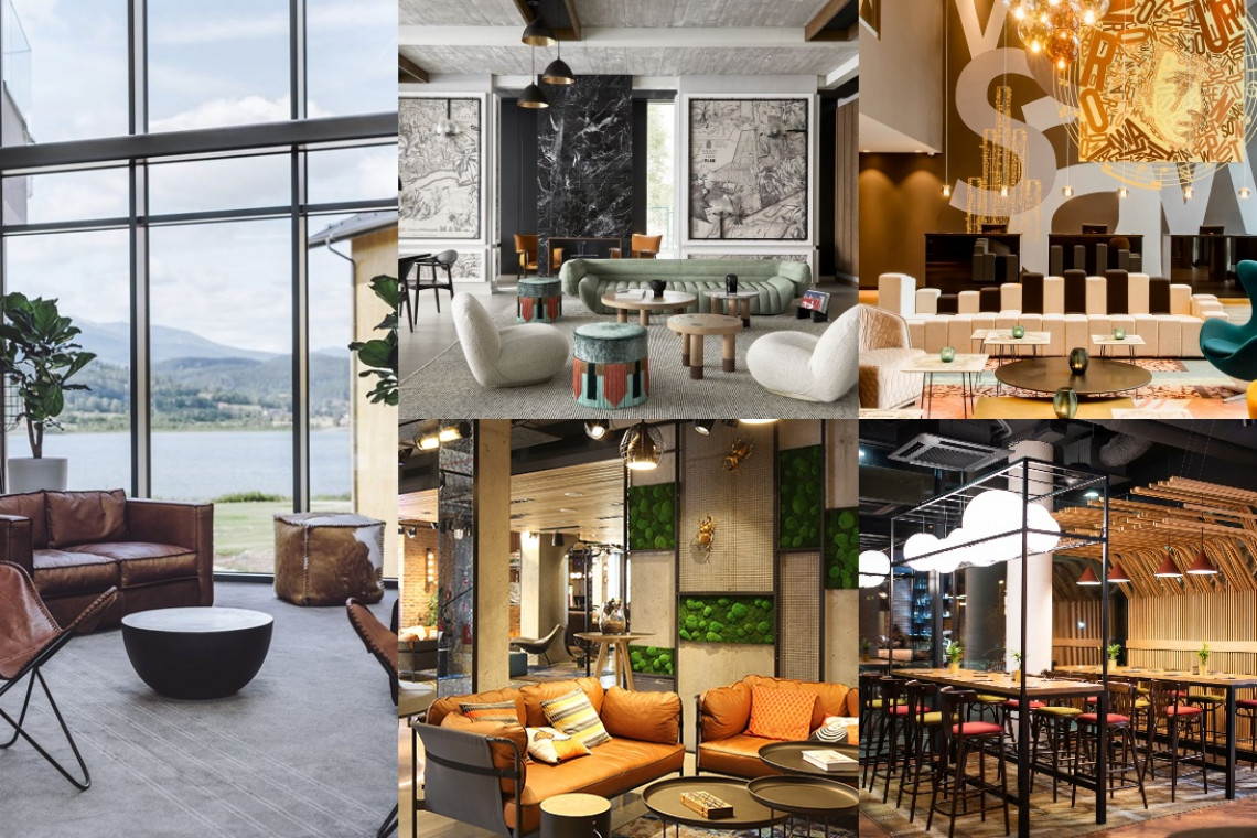 Na zdjęciu (od lewej, góra-dół): Lake Hill Resort & SPA w Sosnówce (Fot. Ola Kaczmarek), Puro Hotel Warszawa, Moxy Warsaw Praga, Motel One Warszawa-Chopin, ibis Styles Stare Miasto w Lublinie. Które wnętrza hotelowe zdobędą Property Design Award 2020?