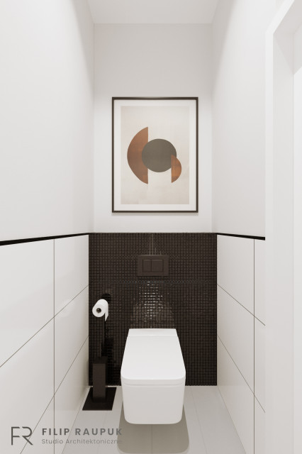 Projekt kancelarii w Szczecinie - wc dla klientów. Wiz. Materiały architekta U notariusza jak w domu. Projekt przytulnej kancelarii