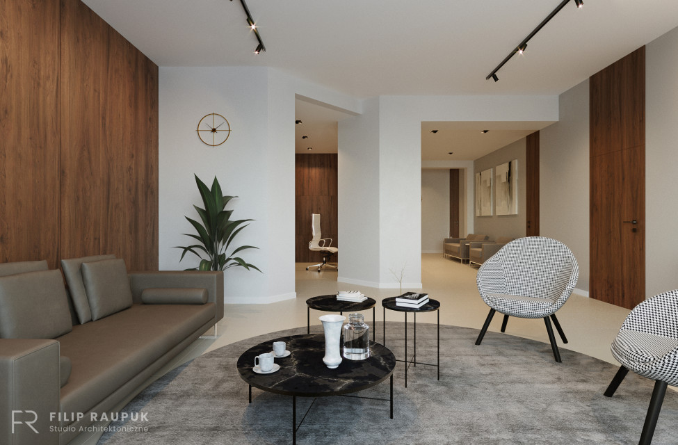 Projekt kancelarii w Szczecinie - lobby. Wiz. Materiały architekta U notariusza jak w domu. Projekt przytulnej kancelarii