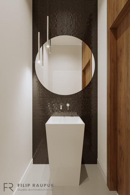 Projekt kancelarii w Szczecinie - wc dla klientów. Wiz. Materiały architekta U notariusza jak w domu. Projekt przytulnej kancelarii