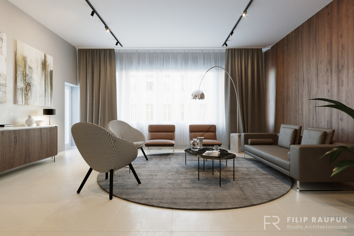 Projekt kancelarii w Szczecinie - lobby. Wiz. Materiały architekta U notariusza jak w domu. Projekt przytulnej kancelarii