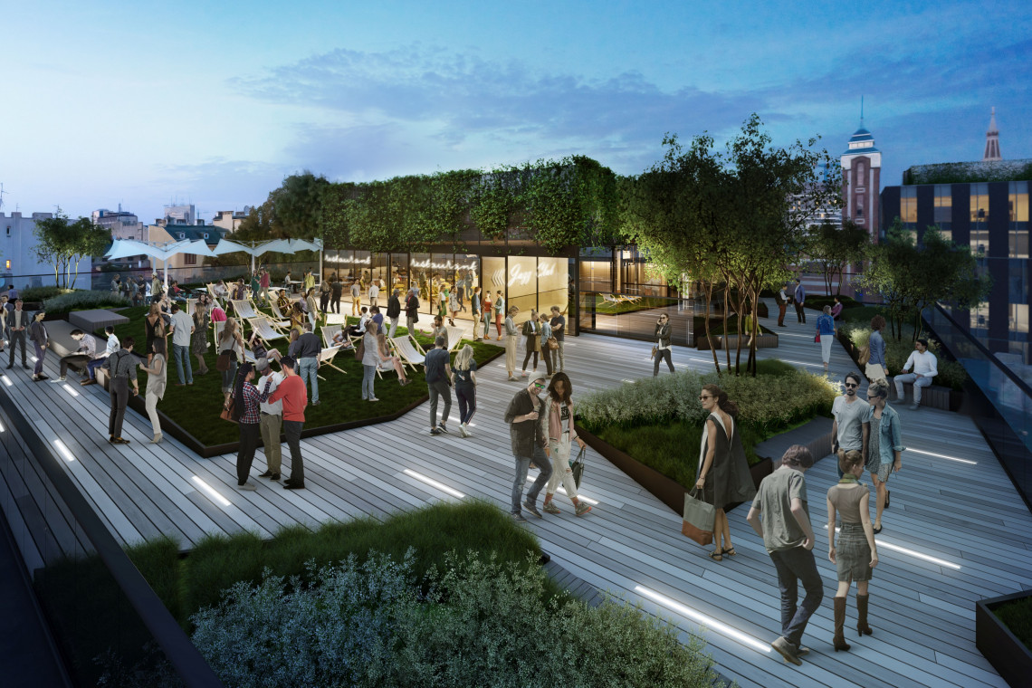 Na szczycie Fern Office znajdziemy przestrzeń z nietuzinkową restauracją lub otwartym do późnych godzin klubem muzycznym, strefą relaksu z leżakami, kinem letnim i tarasem, z którego rozpościerać się będzie widok na świetlny pejzaż ulicy Piotrkowskiej, głównego deptaka miasta. Chillout pod chmurką pozostanie znakiem rozpoznawczym „OFFa”, fot. mat. inwestora Jak obiekty komercyjne wykorzystują przestrzeń dachu?