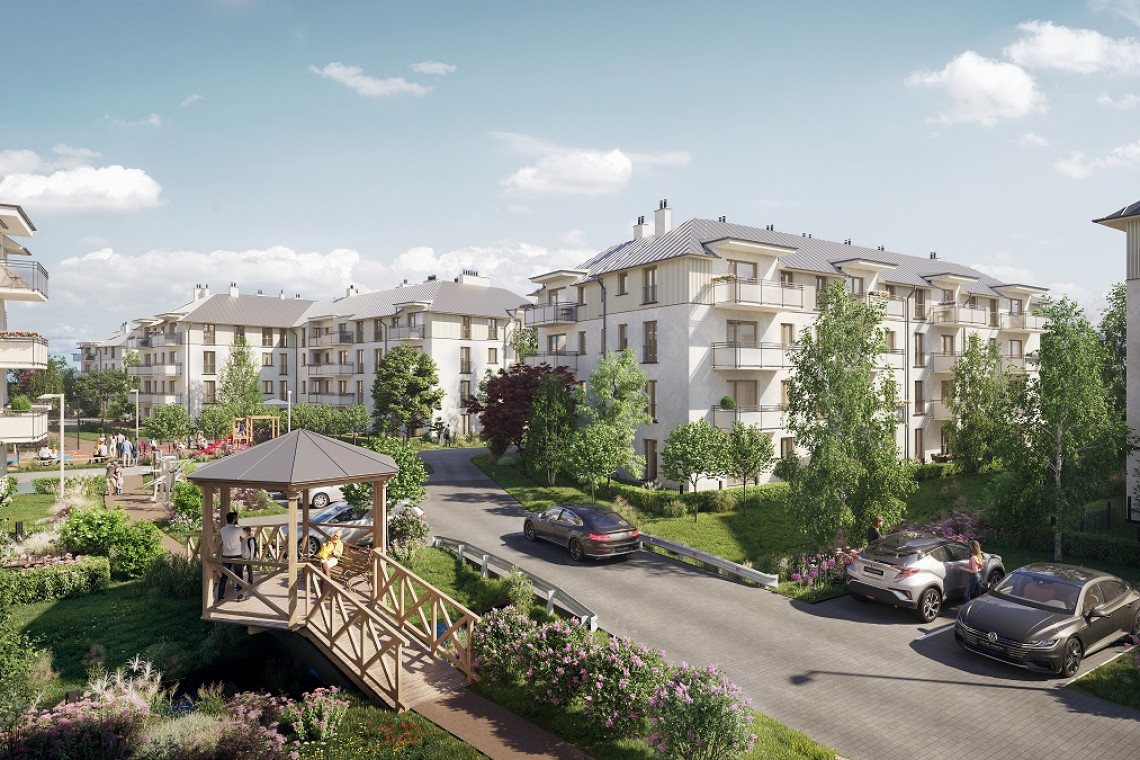 Poleskie Ogrody. Proj. Archicom. Fot. Mat. prasowe Parkowe alejki, altany i pergole - łódzka inwestycja kusi atrakcyjną przestrzenią wspólną