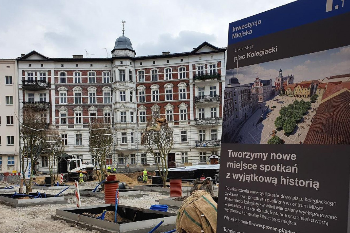Przebudowa pl. Kolegiackiego ruszyła w kwietniu ubiegłego roku, zgodnie z planem ma zakończyć się do końca 2020 r. Po remoncie przestrzeń placu zyska zupełnie nową jakość - zaprojektowana została z myślą zarówno o mieszkańcach, jak i turystach. Obecnie trwa sadzenie drzew na placu, fot. UM Poznań Plac Kolegiacki w Poznaniu przechodzi metamorfozę