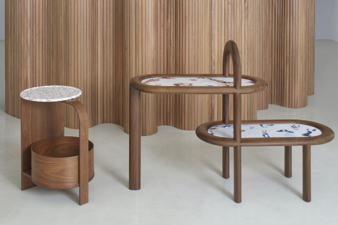 Seria mebli ETEL, proj. Patricia Urquiola. Fot. Materiały Milan Design Week Patricia Urquiola zaprojektowała meble z przetworzonych odpadów i certyfikowanego drewna