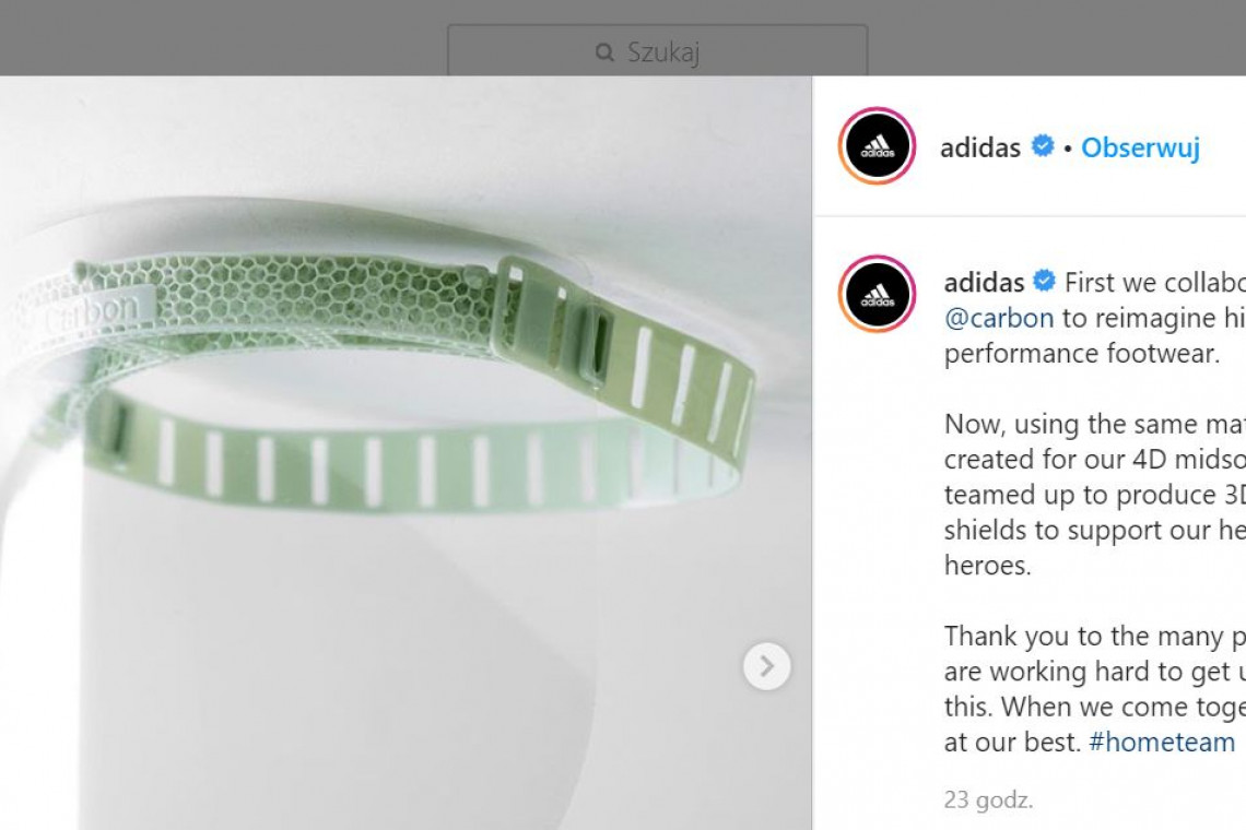 Fot. Screenshort z profilu marki w serwisie Instagram Adidas produkuje przyłbice ochronne
