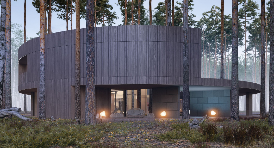 Circle Wood. Proj. Przemek Olczyk Mobius Architekci. Fot. Mat. prasowe Niczym pień drzewa. Zobacz wyjątkowy budynek w sąsiedztwie Puszczy Kampinoskiej