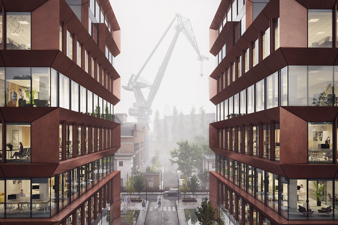 Palio Office Park, fot. mat. Cavatina Trwają prace na budowie Palio Office Park. To nowa przestrzeń do pracy i rekreacji na terenach Stoczni Gdańskiej