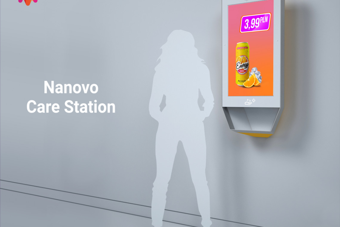 Nanovo Care Station to nowy typ stanowiska IoT, które łączy w jednym urządzeniu funkcje cyfrowej komunikacji, dystrybucji środków do dezynfekcji i bezstykowy pomiar temperatury, fot. mat. Nanovo Bezpiecznie i funkcjonalnie w czasach pandemii. "New normal" handlu i usług