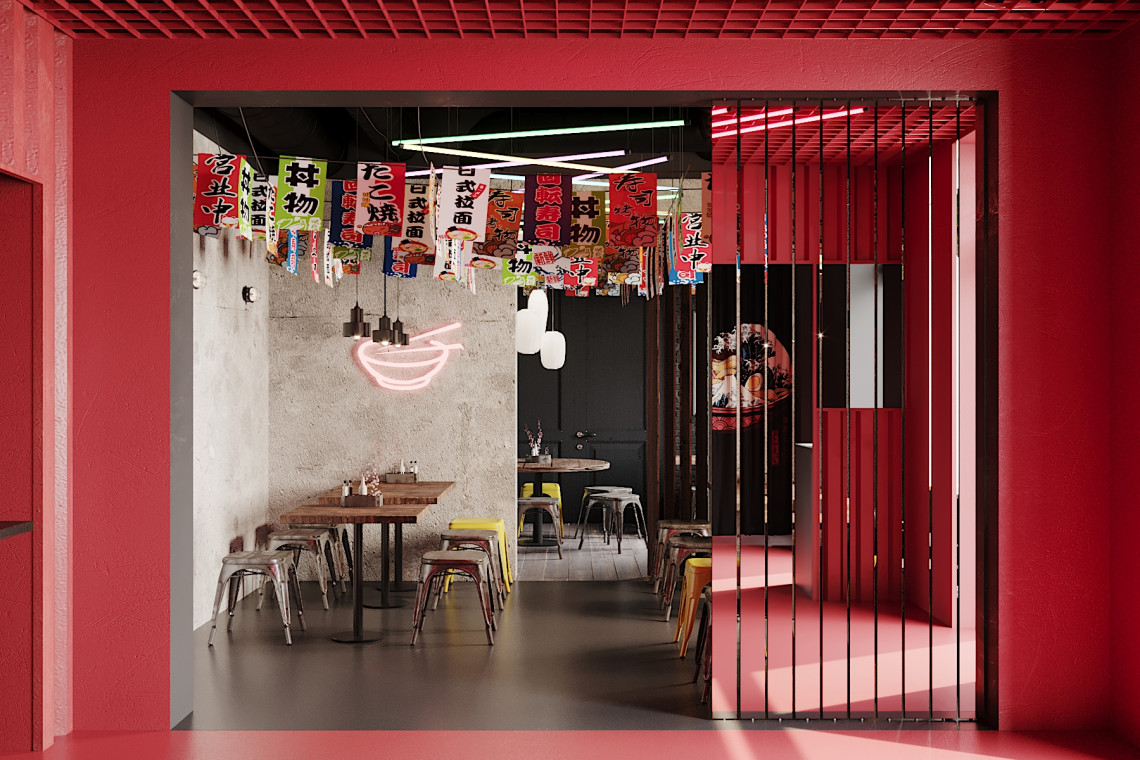 Ramenownia by Sucharnia w Łodzi. Proj. wnętrz Qbatura. Projekt graficzny konceptu: pracownia graficzna Dot Studio. Fot. Mat. prasowe Łódź niczym Tokio. Projekt ramen shopu autorstwa pracowni Qbatura