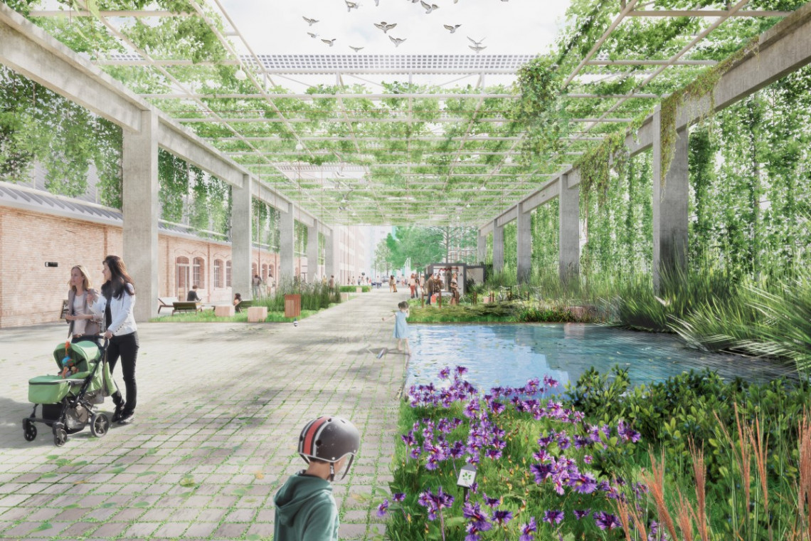 Fabryka Pełna Życia: zielony tunel pod konstrukcjami suwnic – miejsce wypoczynku z zielonym placem zabaw. Proj. Analog Studio Internauci z całego świata wybrali inwestycję ze Śląska