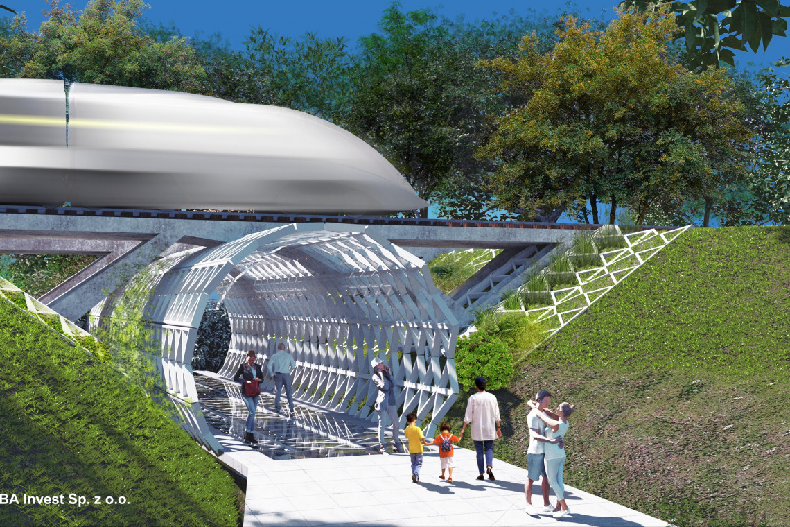 Przy okazji Zielonych Szlaków powstać mogłyby inwestycje uzupełniające, takie jak ażurowe kładki nad ciągami komunikacyjnymi czy tunele pod infrastrukturą tramwajową lub kolejową w strefie zabudowy śródmiejskiej. Proj. Toba Invest. Fot. Mat. prasowe Warszawa szyta zielenią. Koncepcja Zielonych Szlaków to ewenement w skali światowej