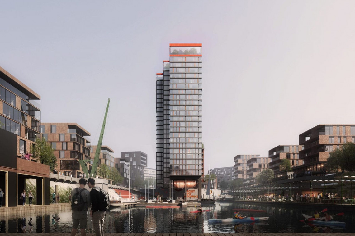 BBGK Architekci stworzyli zwycięski projekt wysokościowca, który stanie w bezpośrednim sąsiedztwie basenu portowego w Porcie Popowice, fot. mat. arch. To będzie spektakularny wysokościowiec projektu BBGK Architekci. Przyszła ikona Popowic i zachodniej części Wrocławia