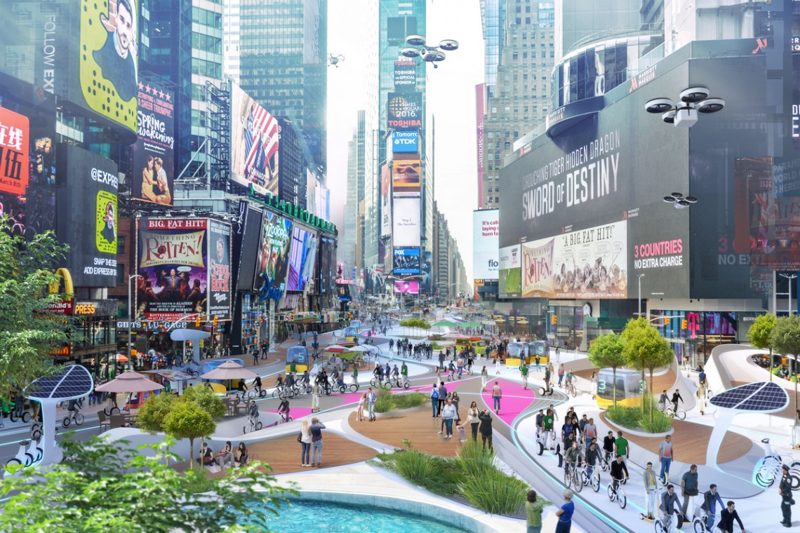 Koncepcja Times Square przyszłości wg. projektu 3deluxe. Wiz. Mat. 3deluxe Miasta przyszłości bez chodników i dróg? Śmiała wizja architektów