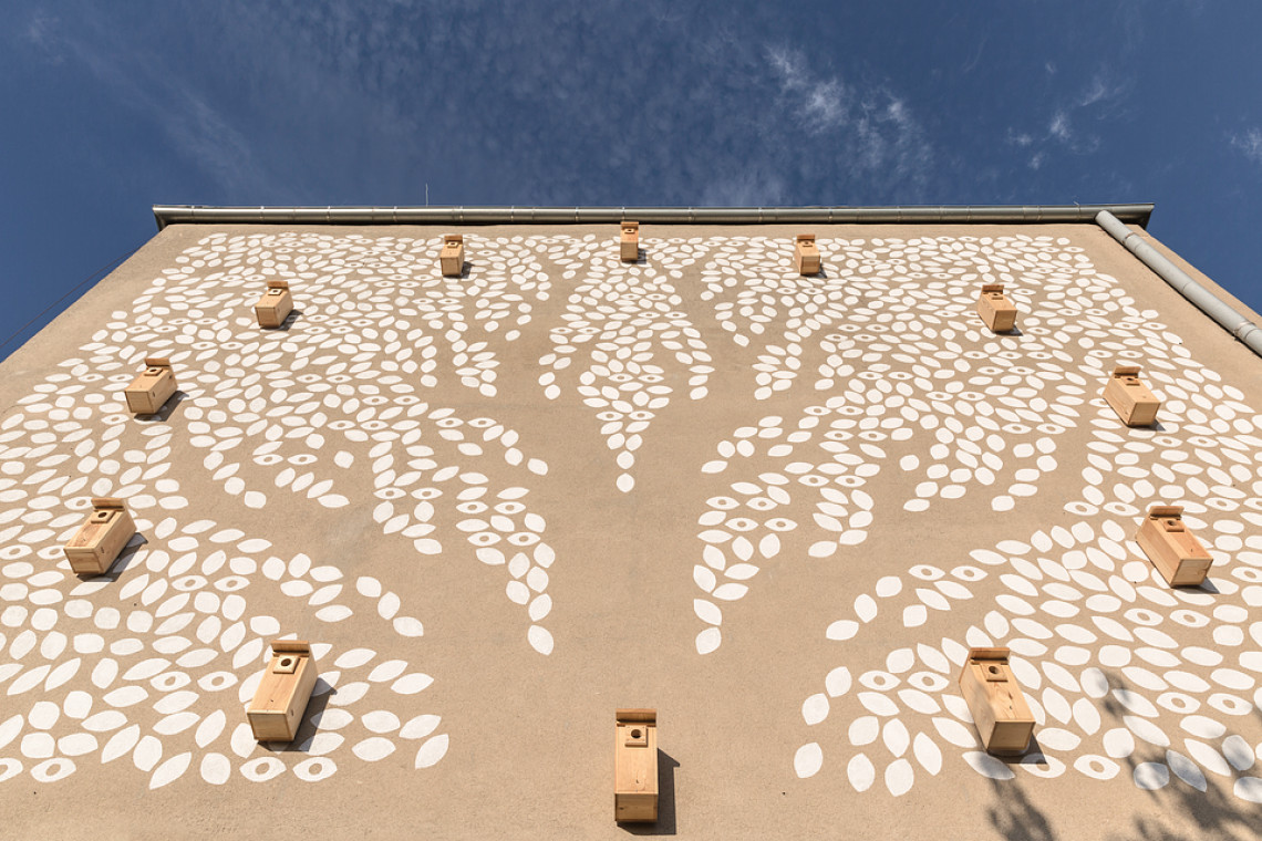 Mural z budkami dla ptaków. Proj. Małgorzata Gurowska, Joanna Ruszczyk, fot. Rafał Kołsut / Traffic Design Na ścianie gdyńskiej szkoły powstał mural z budkami dla ptaków
