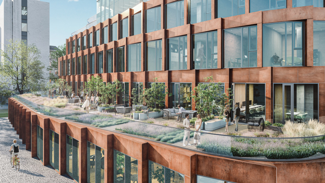 Zielone patio budynku Quorum D jest idealnym miejscem na relaks w czasie dnia pracy. wiz. Urban Jungle (mat. prasowe Cavatina Holding)