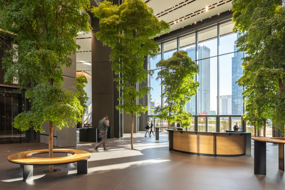 Sercem budynku jest przeszklone lobby, w którym znalazły się ławki usytuowane wśród... drzew. fot. Aaron Hargreaves / Foster + Partners